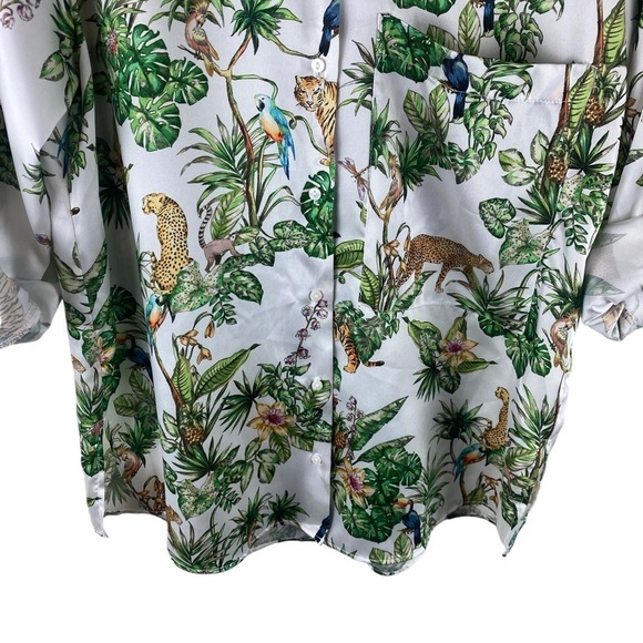 Zara White Green Jungle Print Blouse Safari Palm Leaf Size XS - Picture 7 of 11